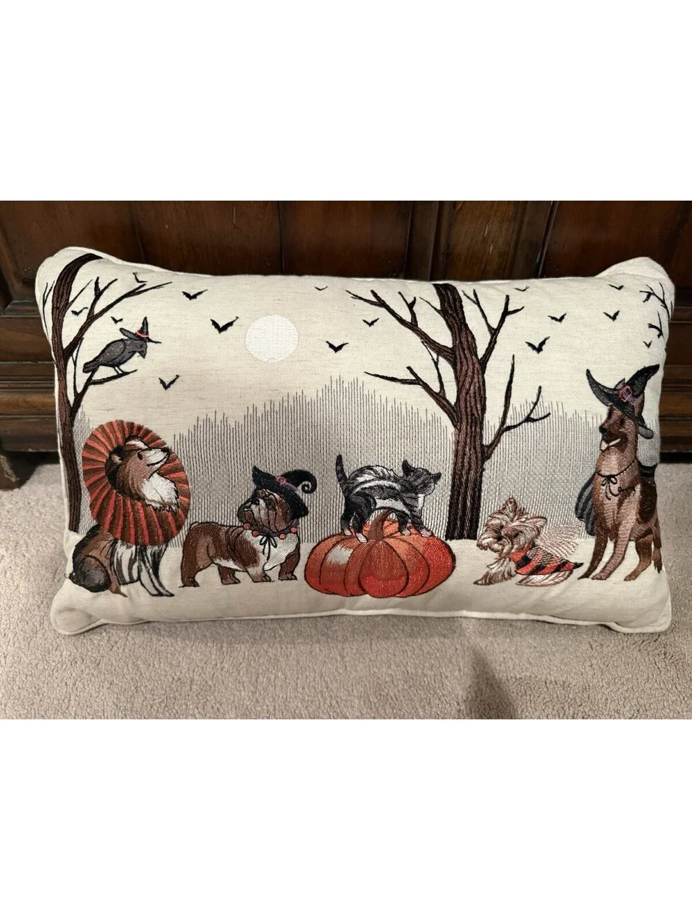 PIER1 DOGGIE CAT EMBROIDERED  HALLOWEEN/FALL LUMBAR PILLOW